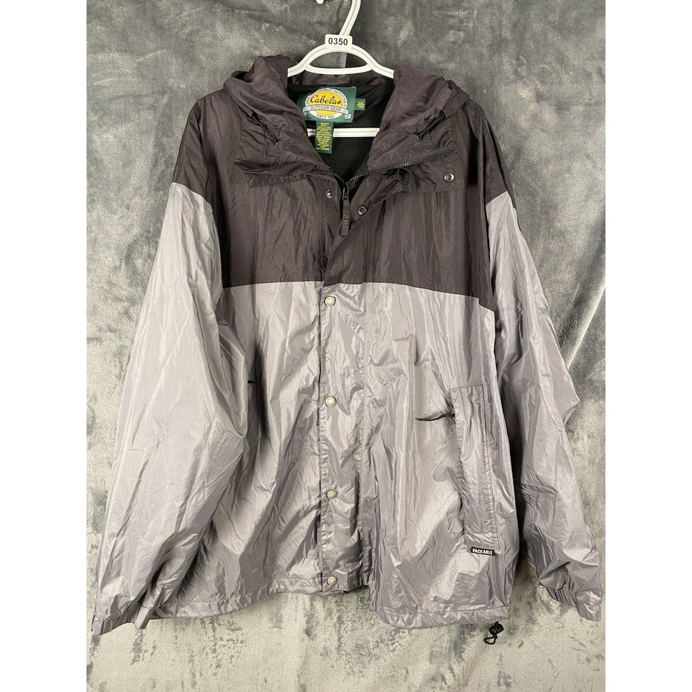 Cabelas Windbreaker Rain Jacket Packable Men's 2XLT Gray Black Full Zip Snaps